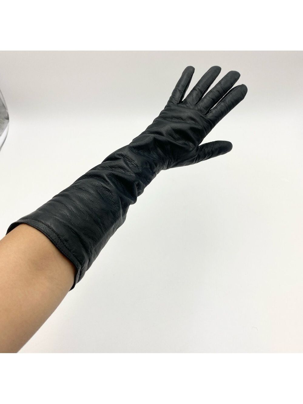 Club Monaco Black Long Leather Gloves Cashmere Lined Sz S - Picture 3 of 8